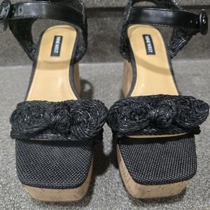 Nine West Black Braided Strap Cork-Platform Sandals-Size 7
